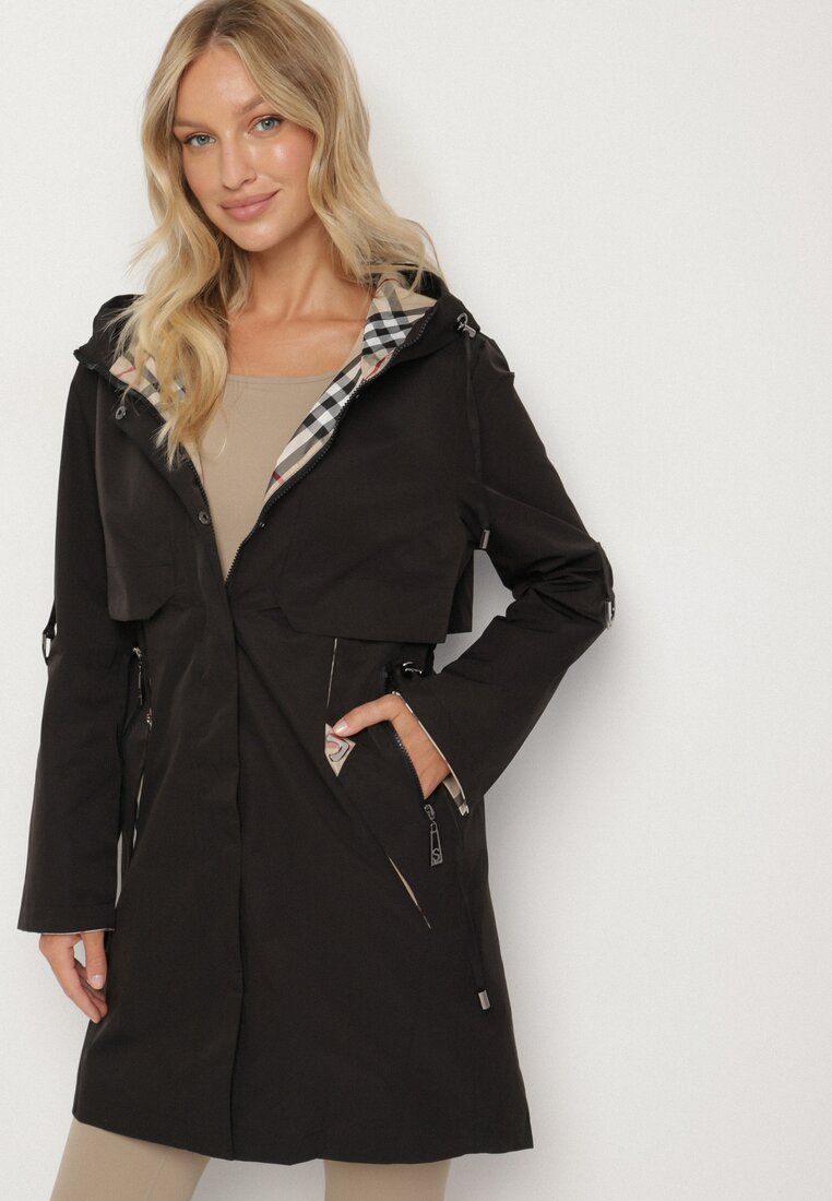 Jachetă Parka Neagră cu Glugă cu Model în Carouri și Mâneci Rulate Gavaria