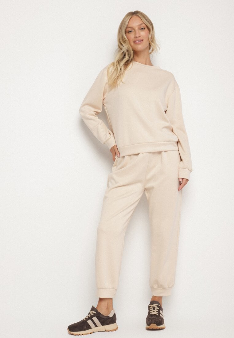 Set Trening Bej din Bumbac Bluză și Pantaloni Jogger Ette