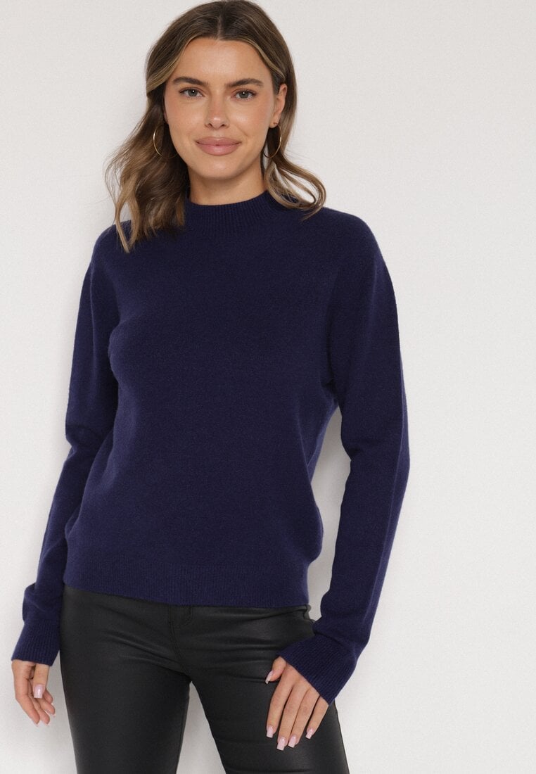 Pulover Bleumarin cu Lână și Vâscoză cu croială dreaptă cu guler înalt Giolera