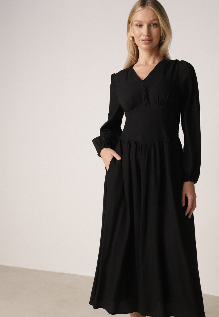 Rochie Neagră cu Vâscoză cu Talie tip corset și Mâneci bufante Aniste