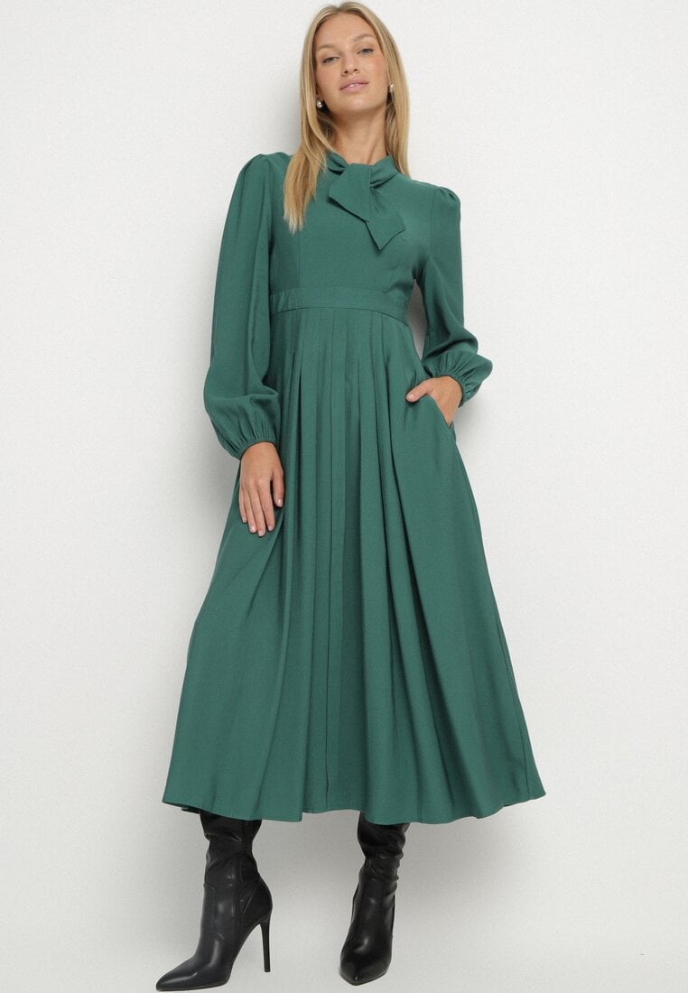 Rochie Verde Din viscoză Plisată cu Legătură Asorrise
