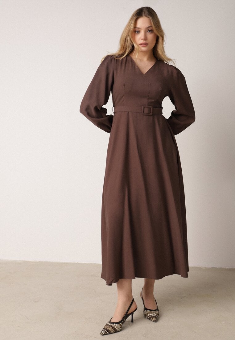 Rochie Maro din Viscoză cu Croială Cloș cu Cordon cu Cataramă Arilesse