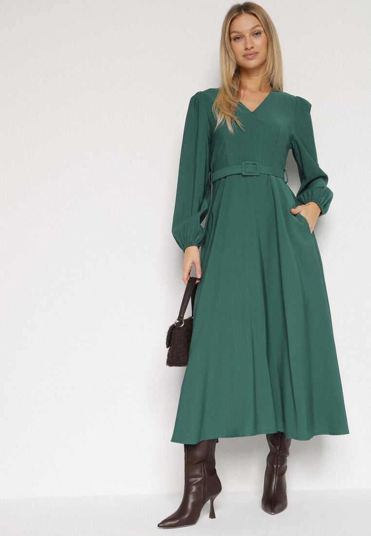 Rochie Verde de Viscoză cu Croială Cloș cu Curea cu Cataramă Arilesse