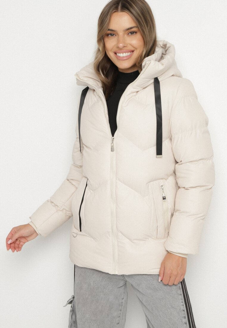 Jachetă bej închis matlasată cu glugă decorată cu șnururi Olittia