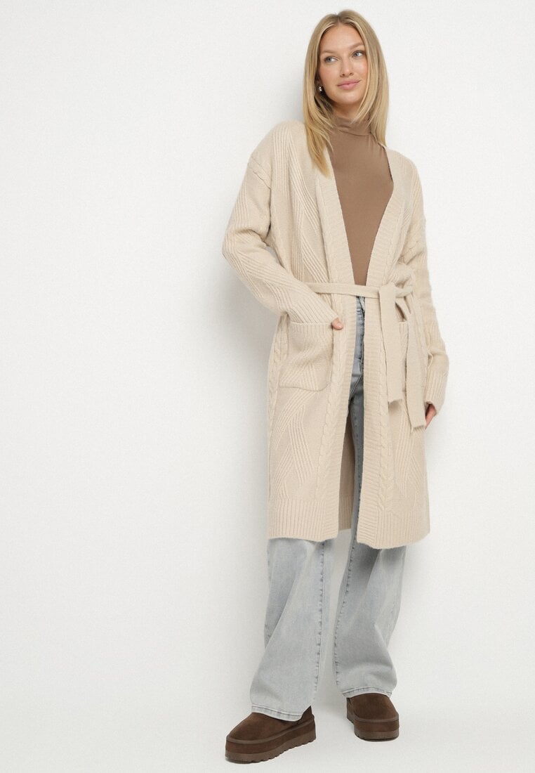 Kardigan bej deschis din lână cu împletitură și curea tip cordon Darrive