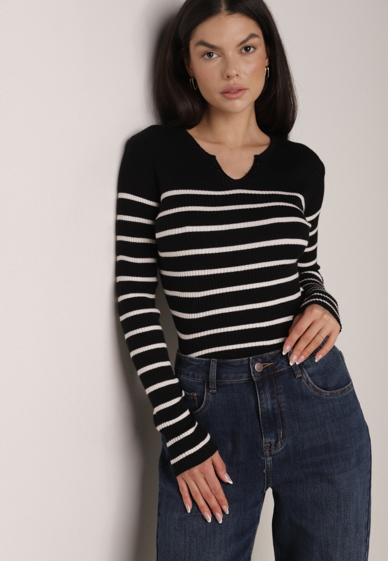 Bluză Neagră din Bumbac cu Dungi Decorată cu nasturi Gelvila