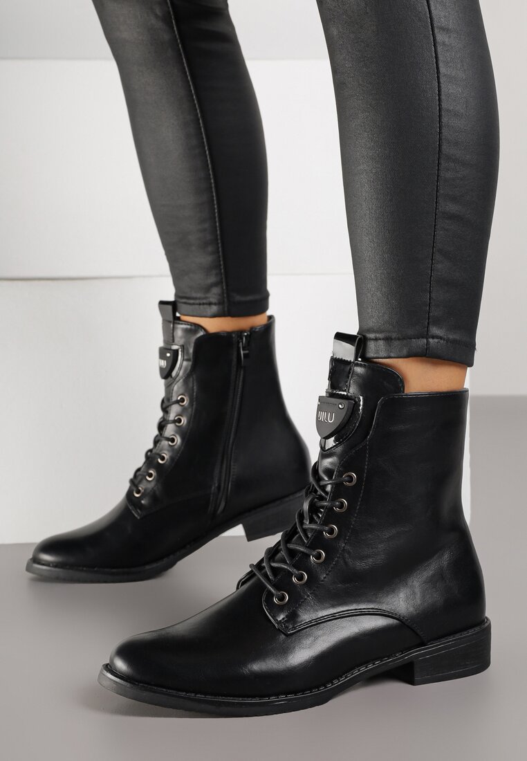 Botine Ghete Negre cu Aplicație Triunghiulară pe Limbă Rodvira