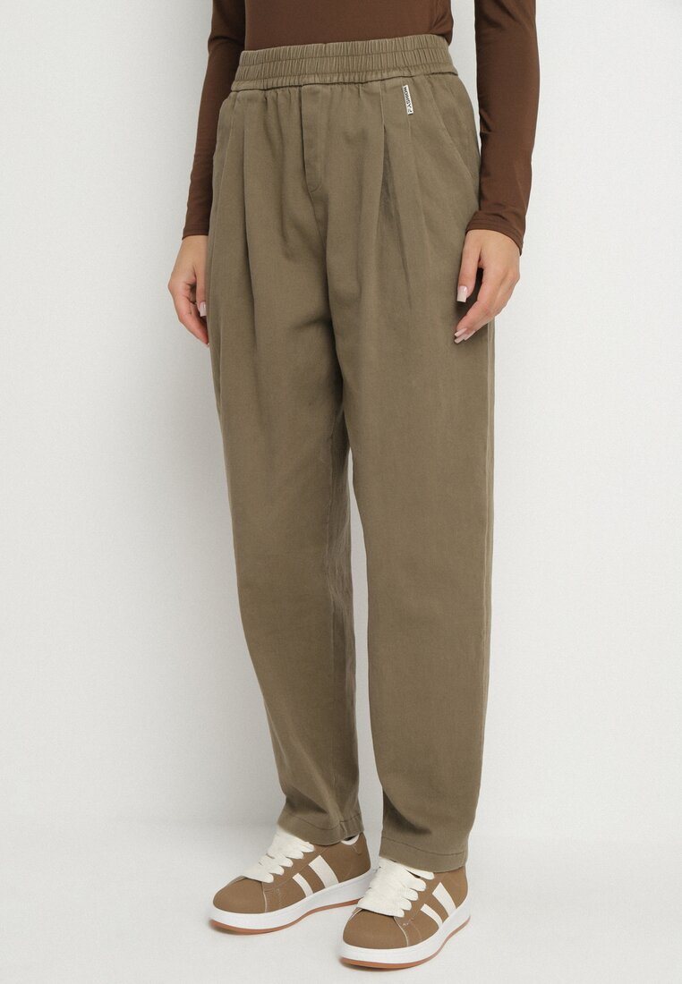 Pantaloni Verde închis Largi din Bumbac cu Talie Înaltă și cu Tivuri Rulate Nalofia