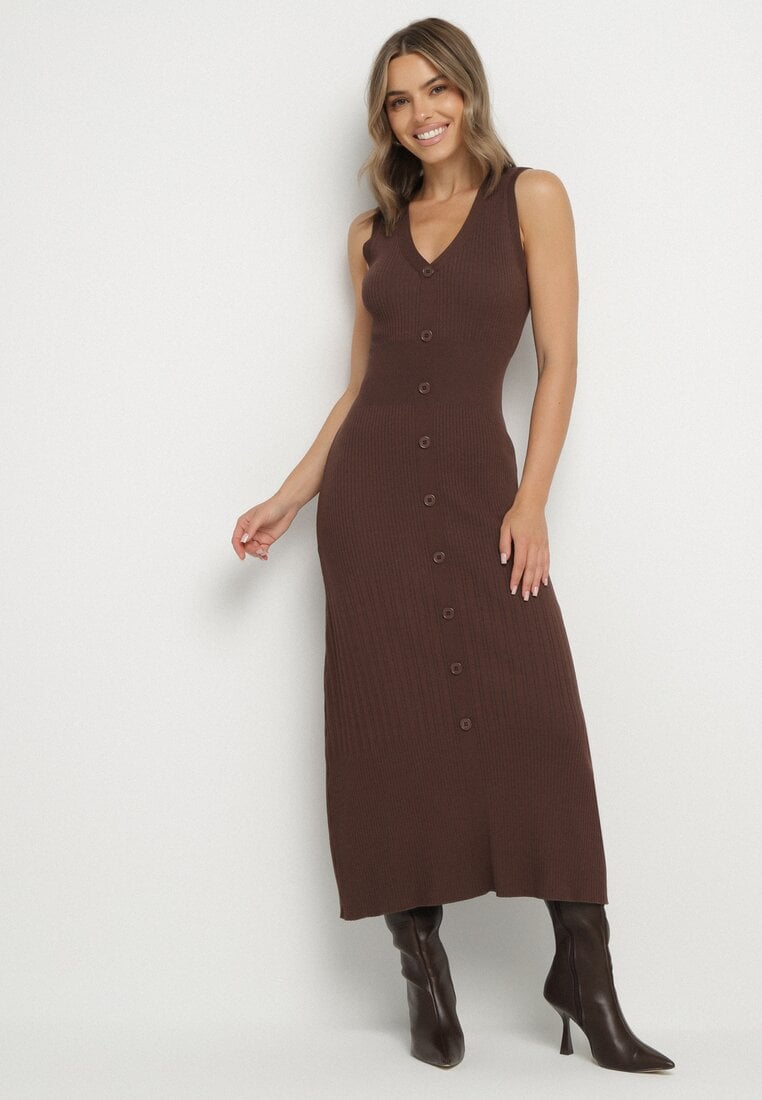 Rochie din Viscoză Maro cu Croială Cambrată Fără Mâneci Decorată cu Nasturi Esinea