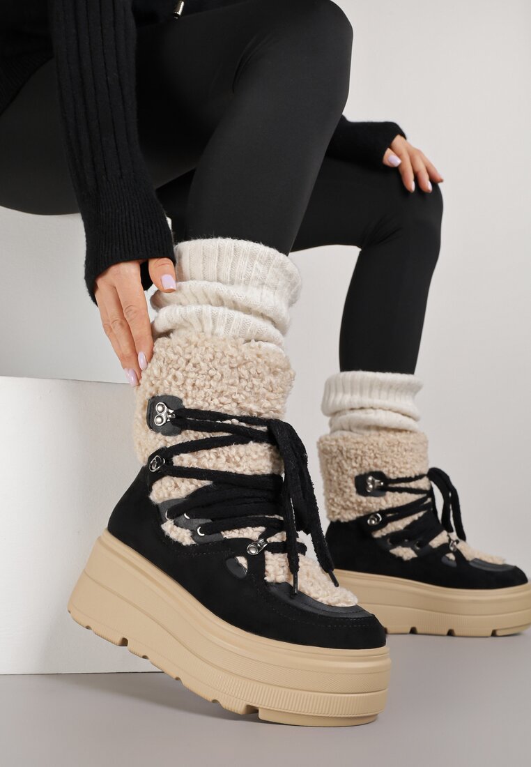 Ghete de iarnă Negre Cu șireturi Pe platformă Decorate cu blană Zeriba