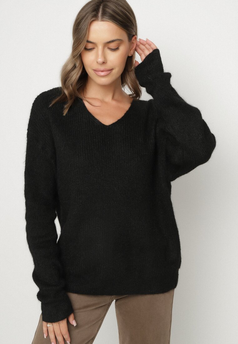 Pulover Negru cu adaos de lână și decolteu triunghiular Esmina