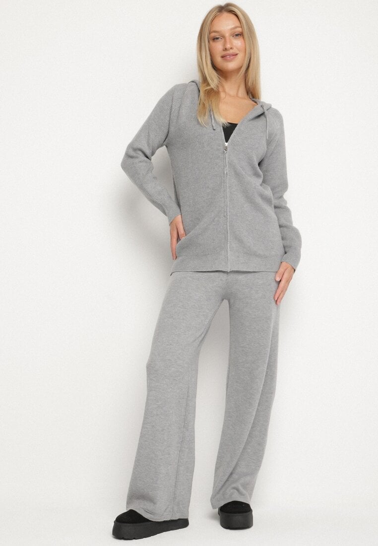 Set Gri închis Din tricot Cu lână Bluză cu glugă și Pantaloni largi Otisela