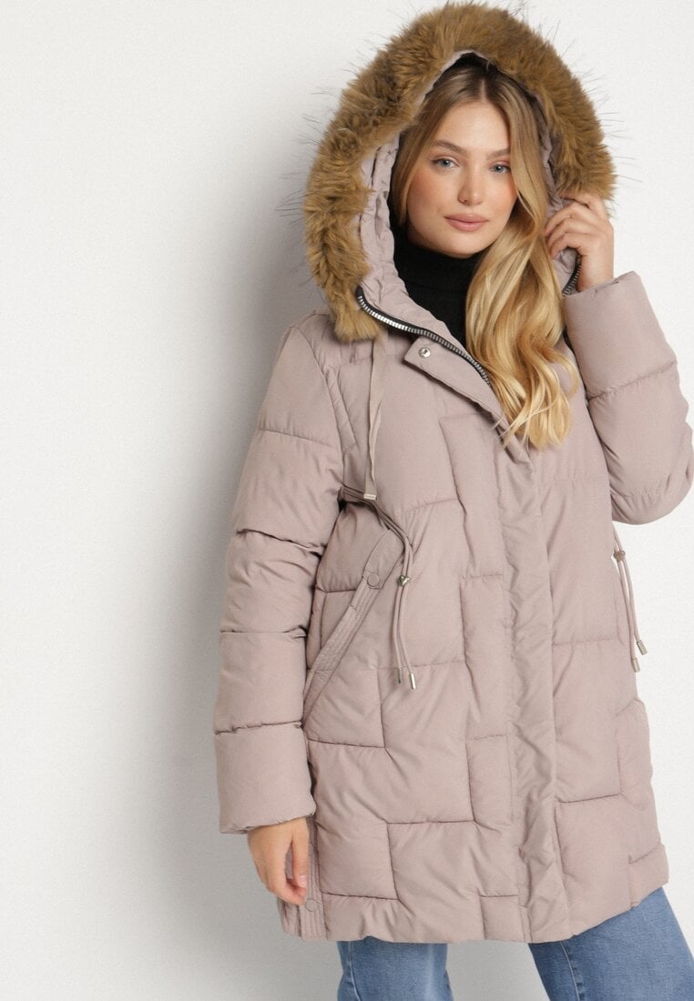 Geacă bej închis matlasată cu glugă cu blană Ruvite