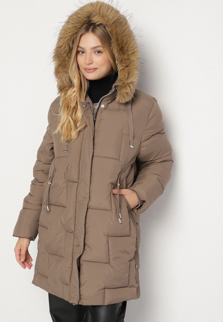 Geacă Matlasată Maro cu Glugă cu Blană Ruvite