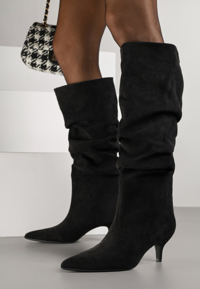 Cizme Negre Încrețite cu Toc Tip Pisoi Alevitte