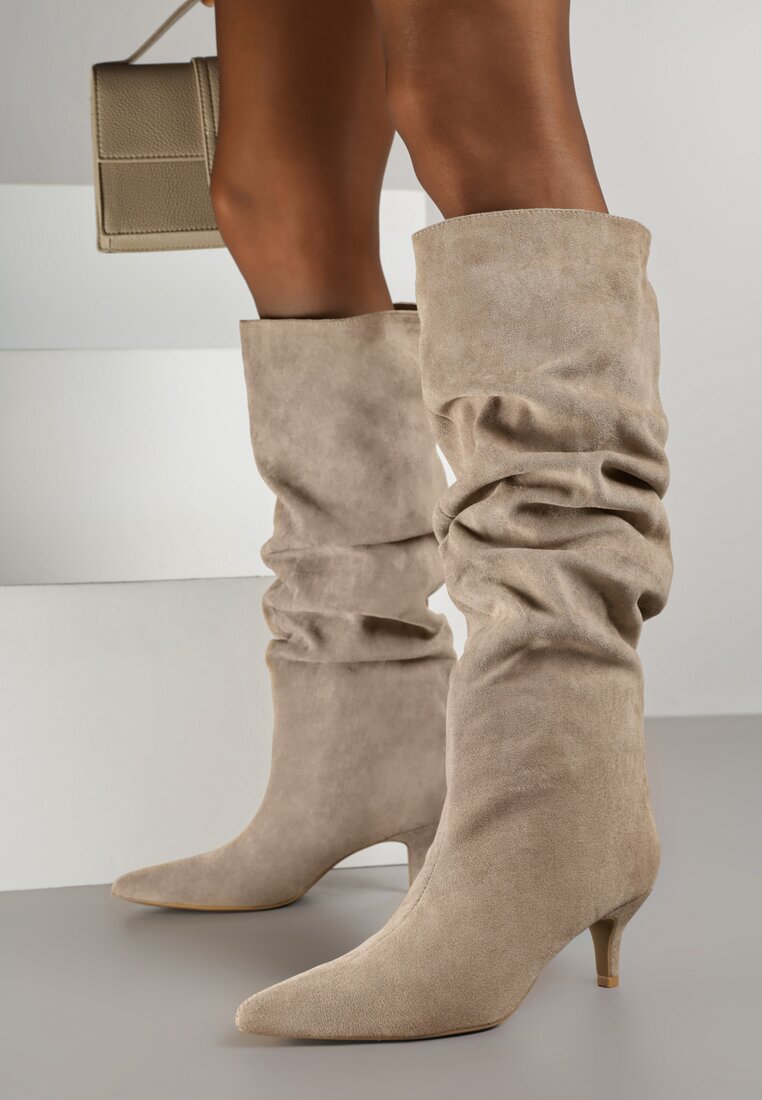 Cizme Bej închis încrețite cu toc kitten Alevitte