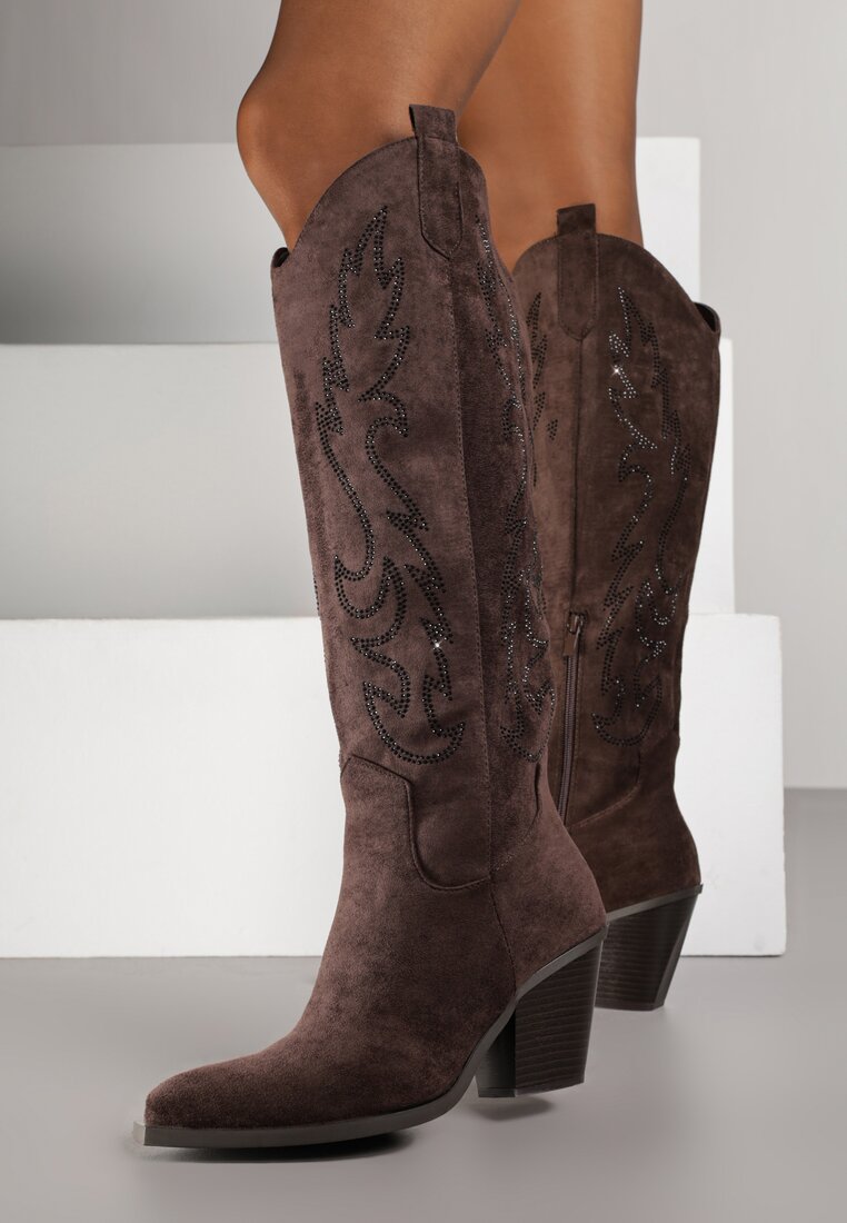 Cizme maro închis stil cowboy pe toc conic cu carâmb cu model de strasuri Nalimia