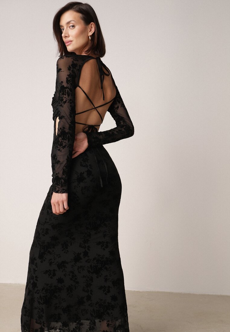 Rochie Neagră Mulată VICES cu Spate Decupat Ornată cu Dantelă din Tul Ravita
