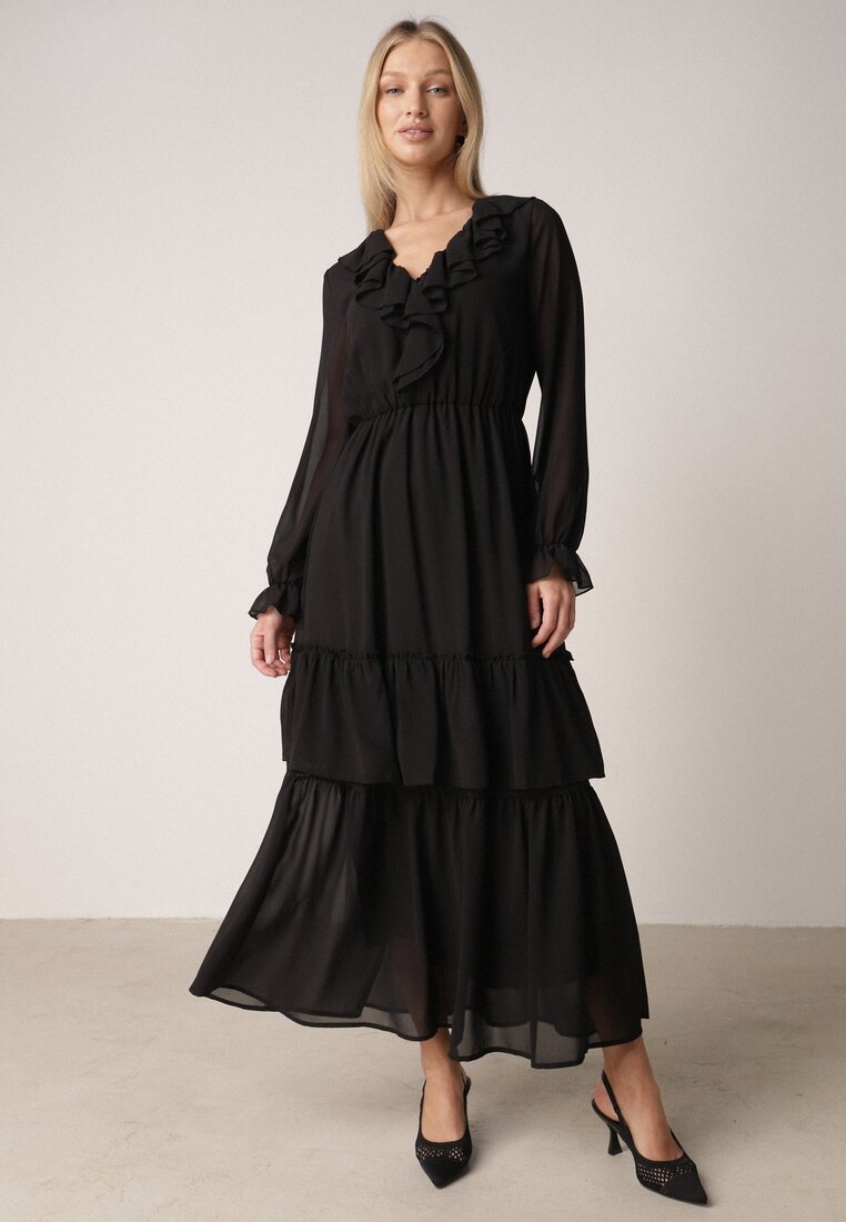 Rochie Neagră din plasă VICES evazată cu volane Arevite