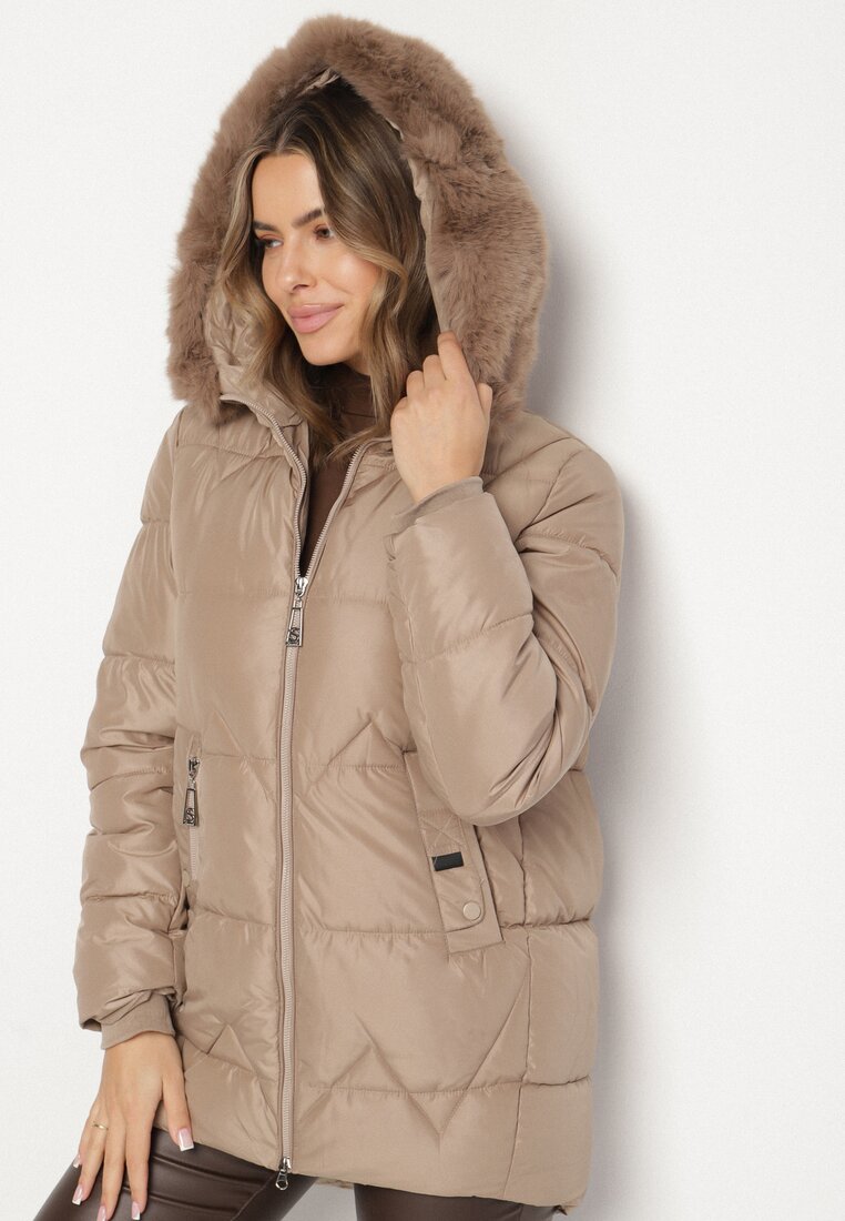 Geacă Matlasată Bej Croială Dreaptă cu Glugă cu Blană Rearria