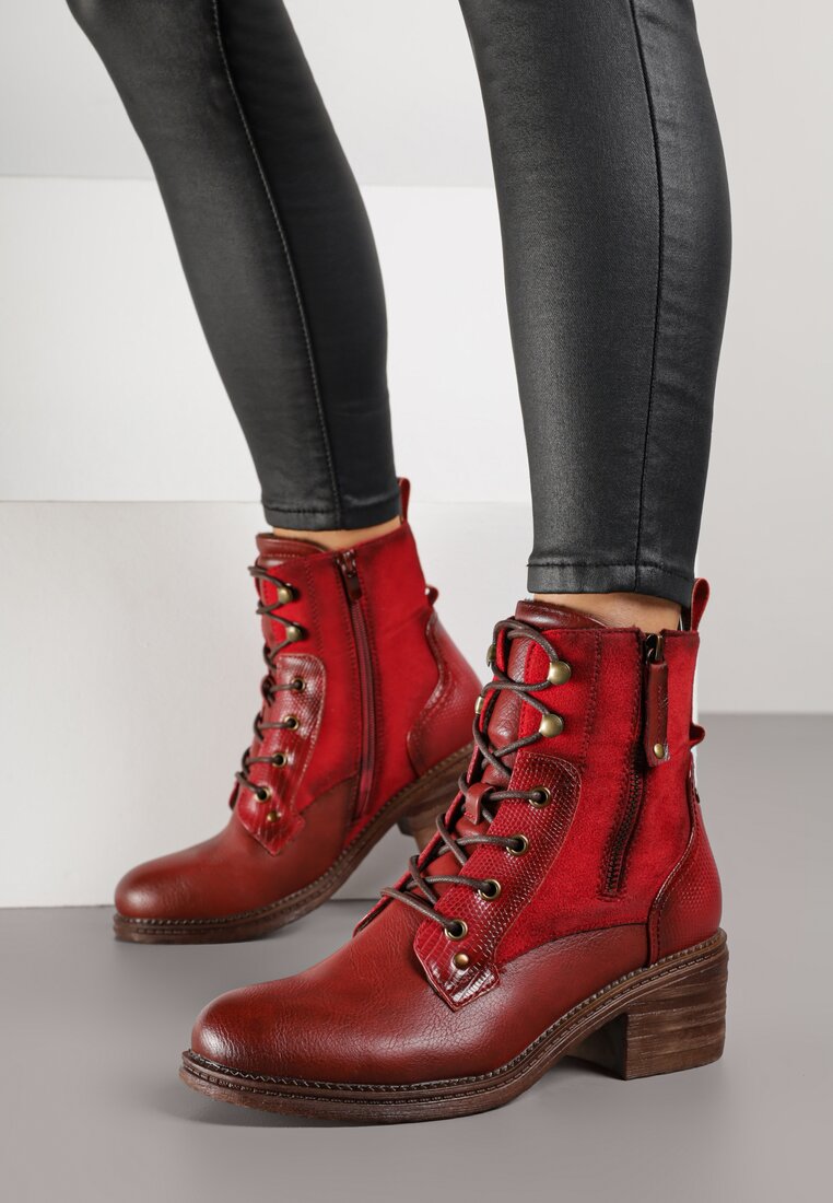 Botine Bordo-Roșii cu toc gros decorate cu fermoar Salittea