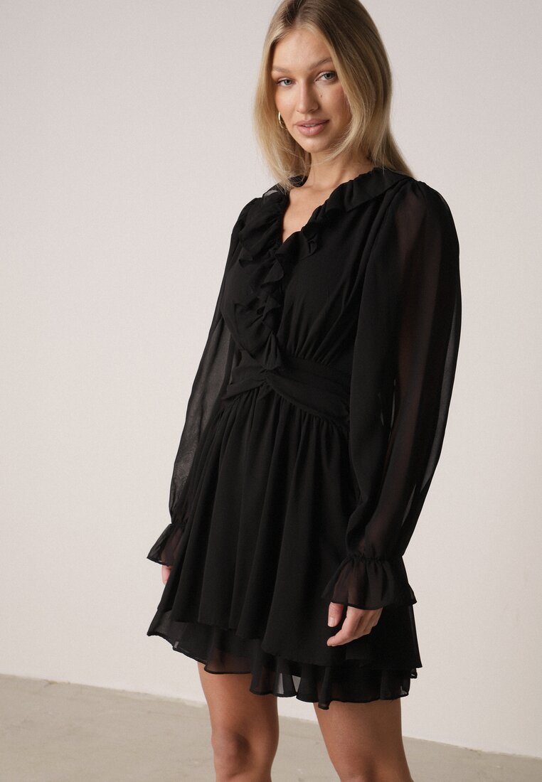 Rochie evazată neagră cu volane și mâneci din plasă Zennisa