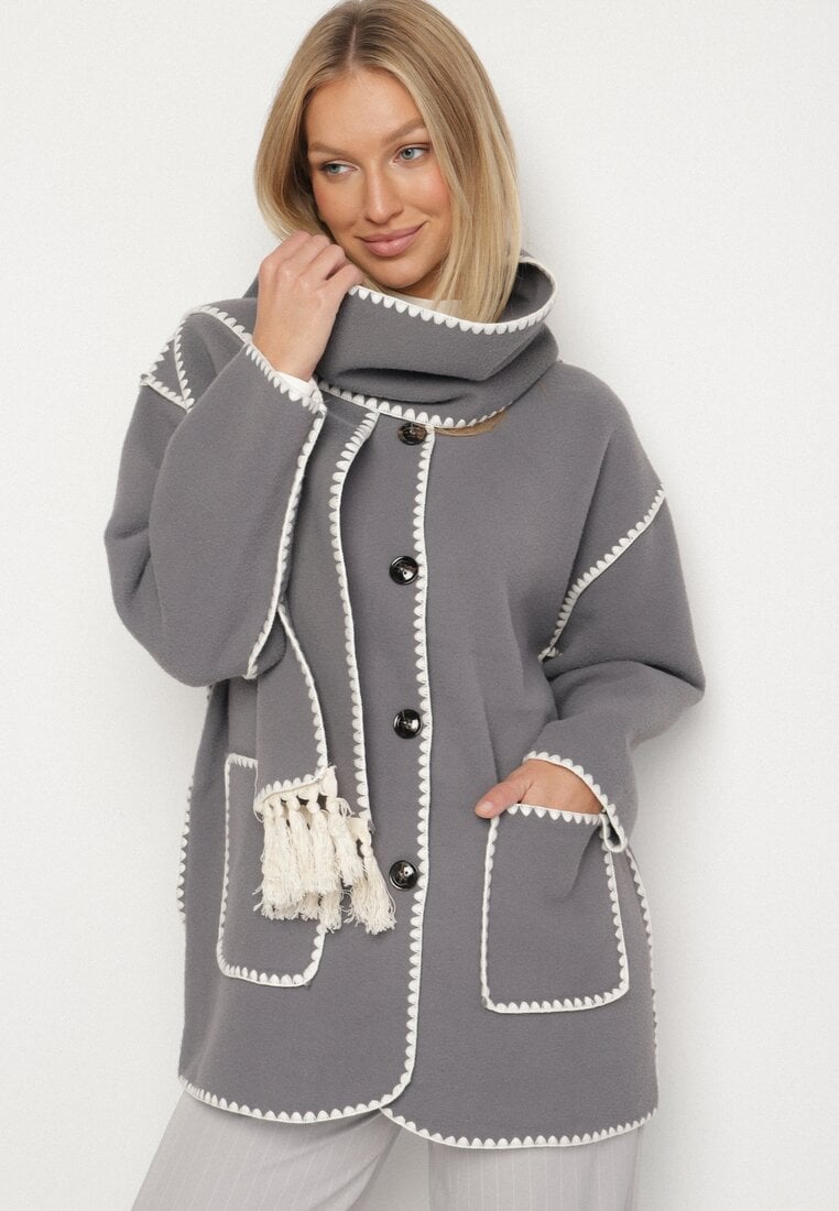 Jachetă cu croi drept Gri cu Cusături Decorative și Eșarfă Salenalia