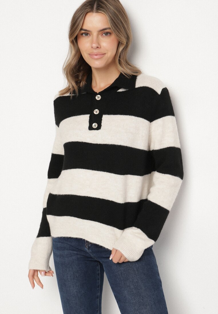 Pulover Negru cu Dungi cu Amestec de Lână Decorat cu Guler și Nasturi Tisania