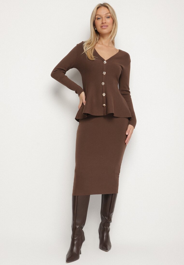 Compleu Maro Elegant din Tricot cu Vâscoză Cardigan și Fustă Uneva