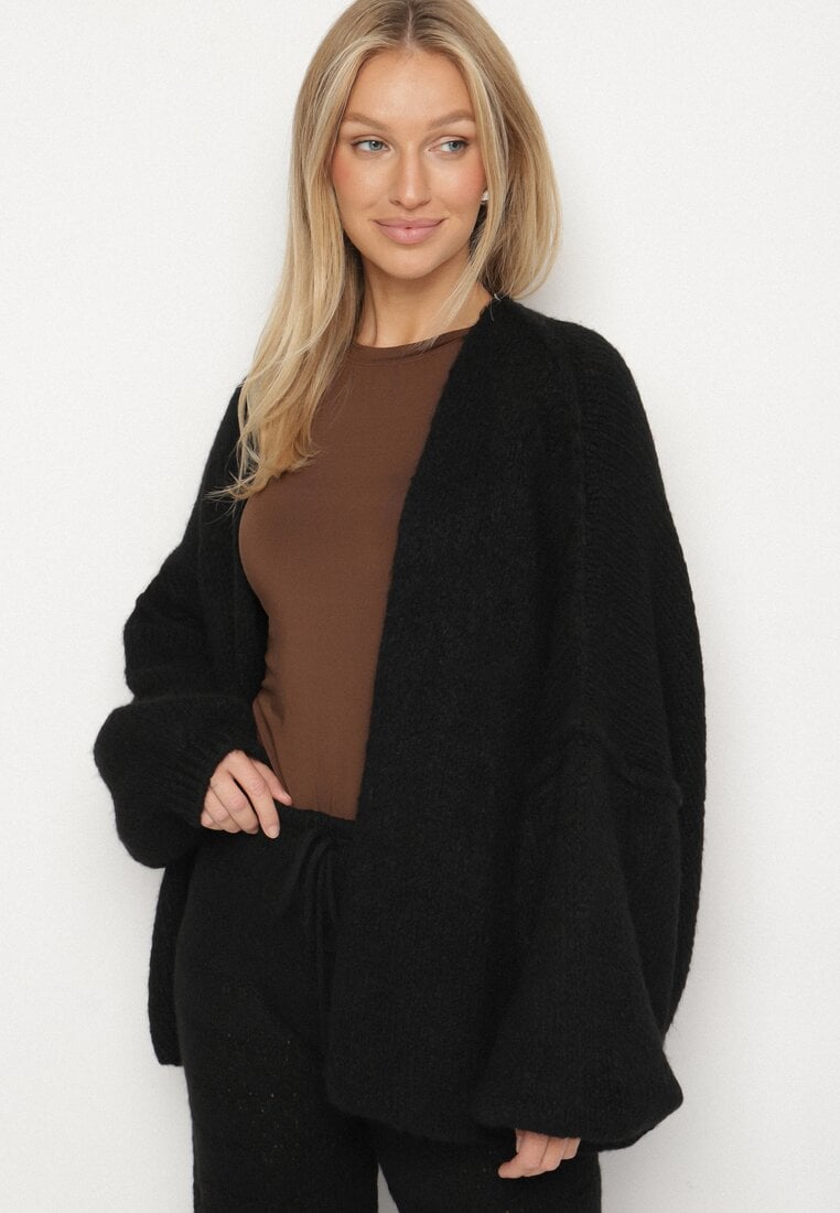 Cardigan Negru tip liliac fără închidere cu amestec de lână și vâscoză Rallisa