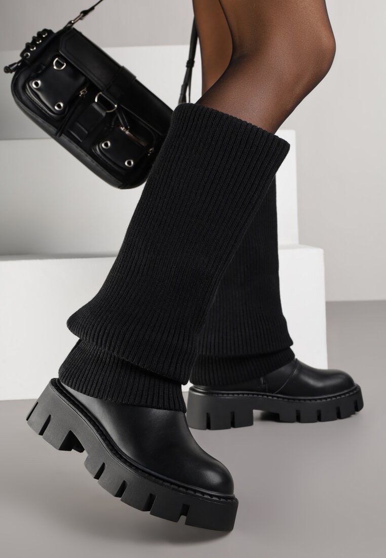 Cizme Negre cu Talpă Groasă cu Manșetă Tricotată Răsfrântă Fenisana