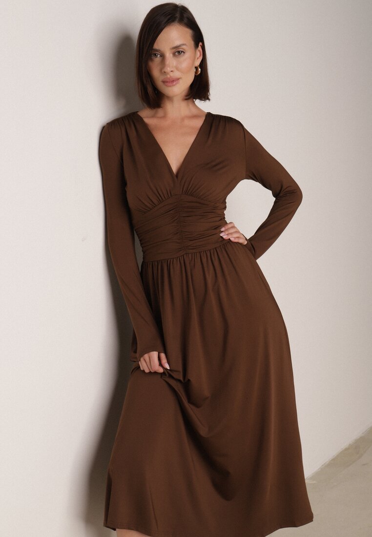 Rochie Maro Încrețită Cambrată din Viscoză cu Decolteu în V și Mânecă Lungă Emirie