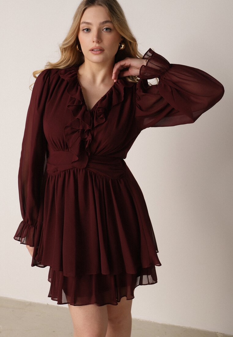 Rochie Bordowa Evazată cu volane și mâneci din plasă Zennisa