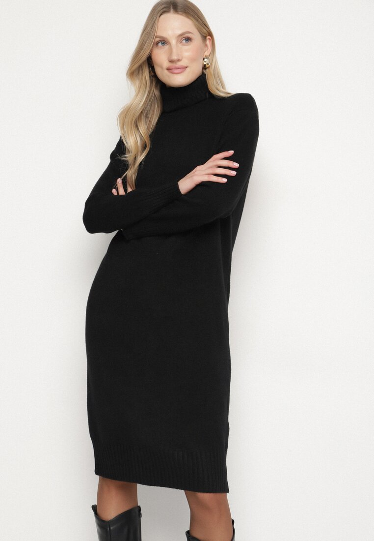 Rochie Neagră Tricotată cu Bumbac cu Croială Dreaptă cu Guler Înalt Tesala
