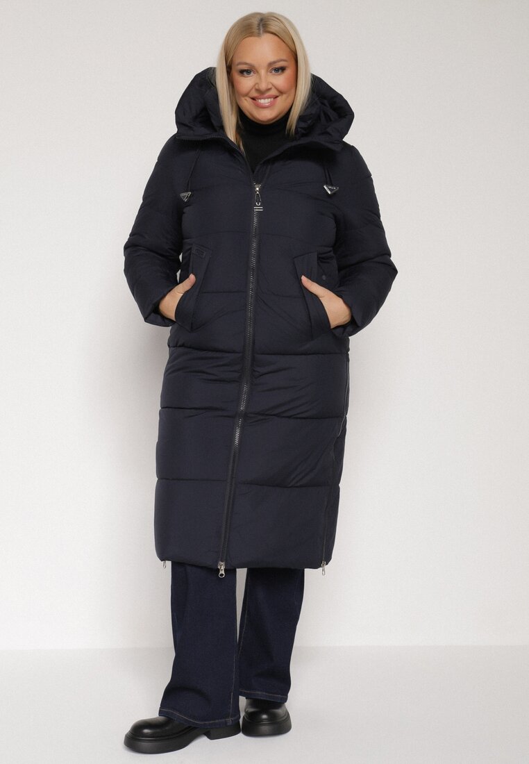 Geacă Lungă Bleumarin Matlasată cu Glugă și Fermoare Laterale Mevoressa