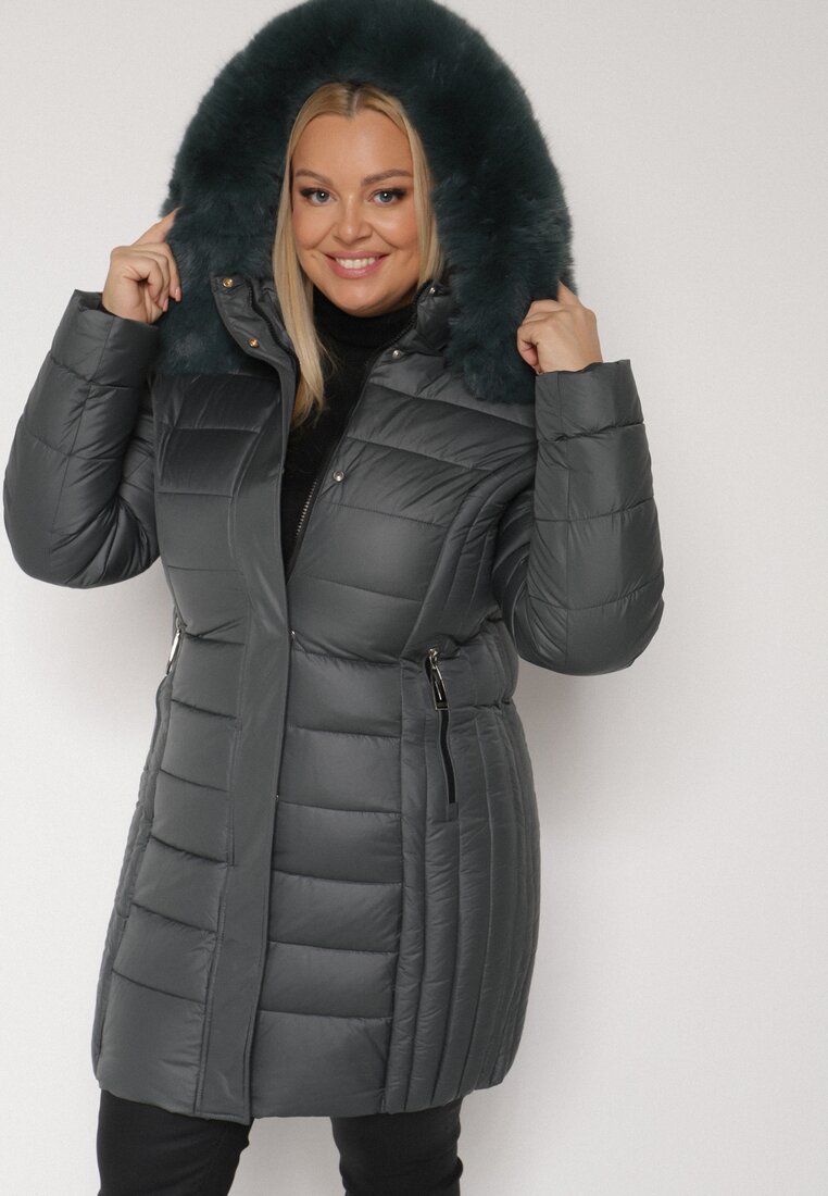 Geacă lungă matlasată verde închis cu glugă detașabilă și blană Retelma