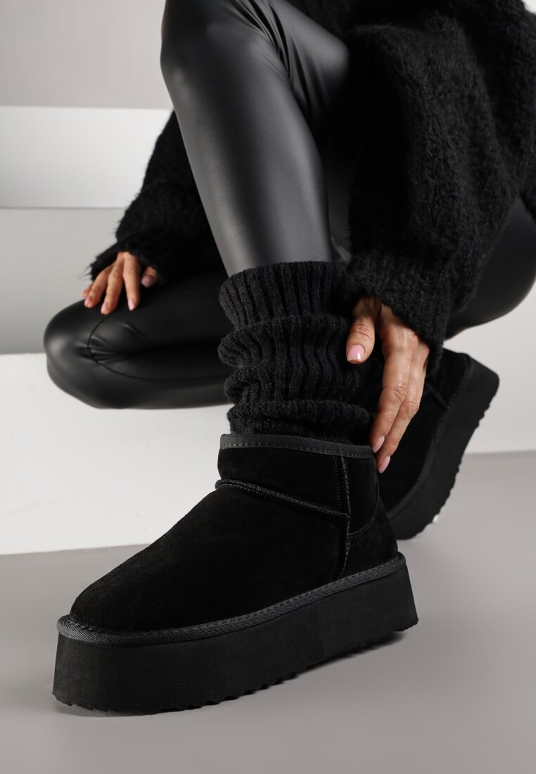 Cizme de zăpadă Negre Slip-on cu platformă cu carâmb din piele întoarsă naturală Mevelessa