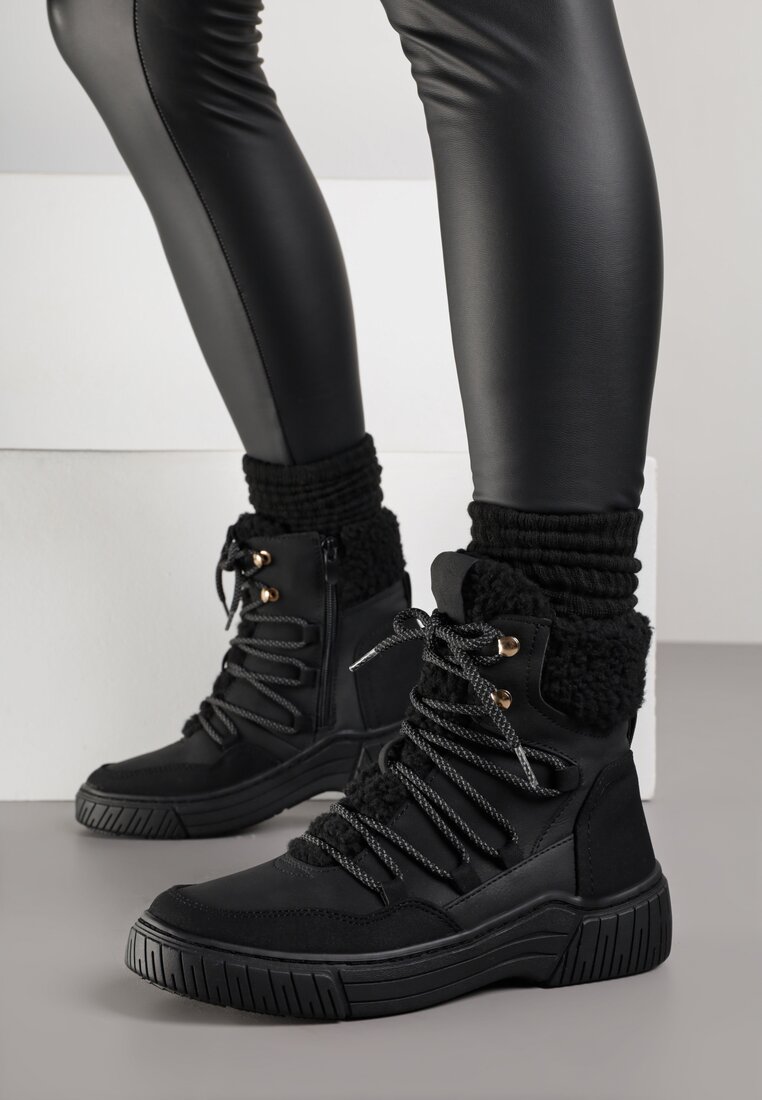 Ghete de zăpadă Negre Cu șireturi și blană tip miel Mevesalia