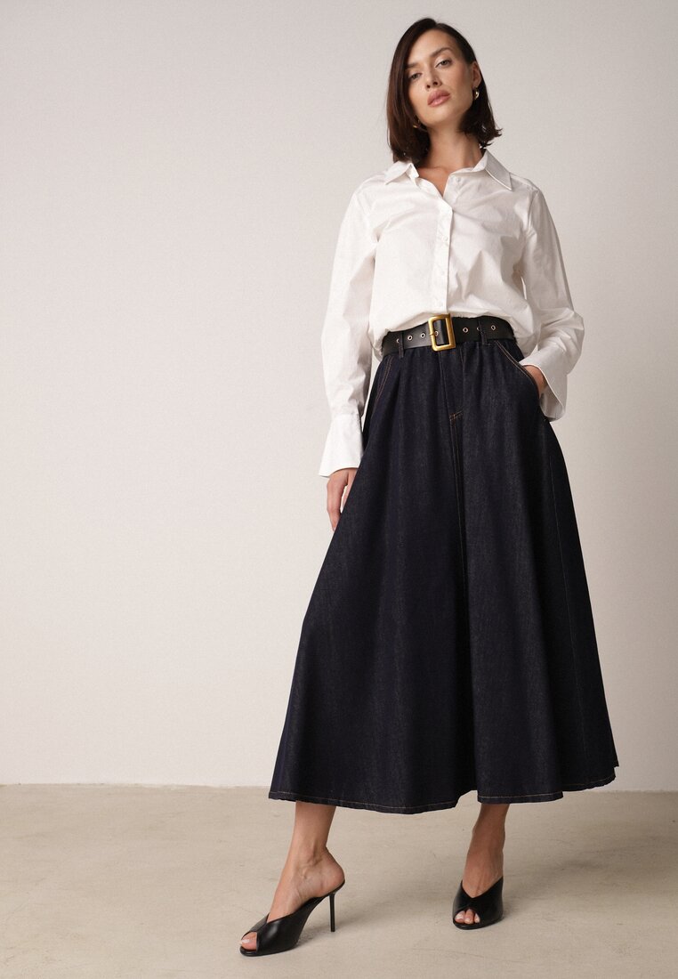 Spódnică jeans midi granat cu curea Suera