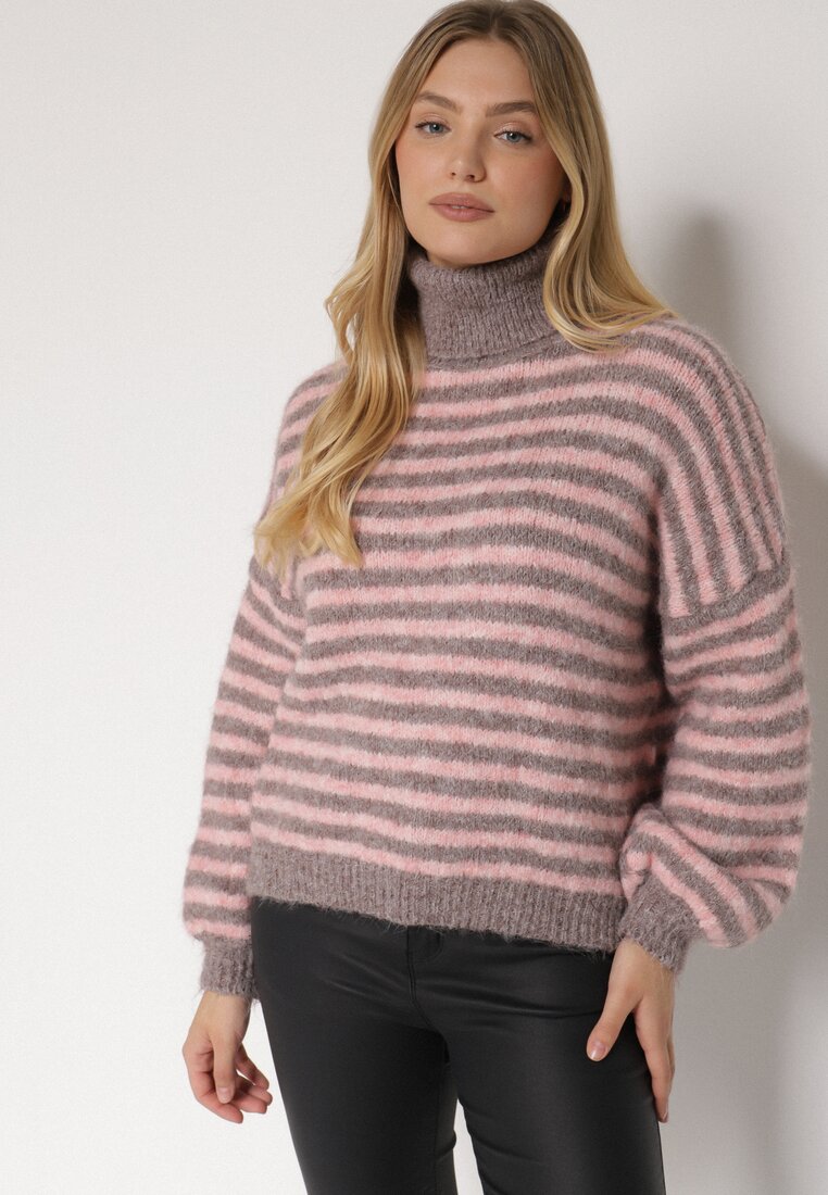 Pulover pe gât Gri cu roz