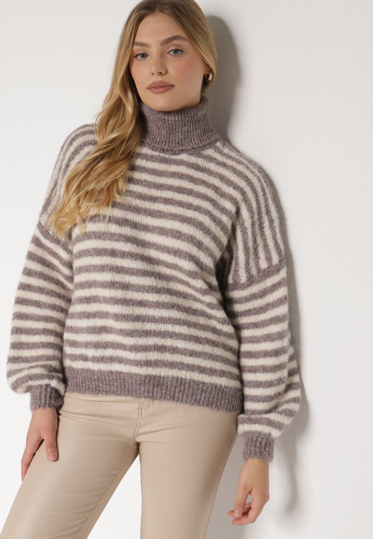 Pulover pe gât Gri cu bej
