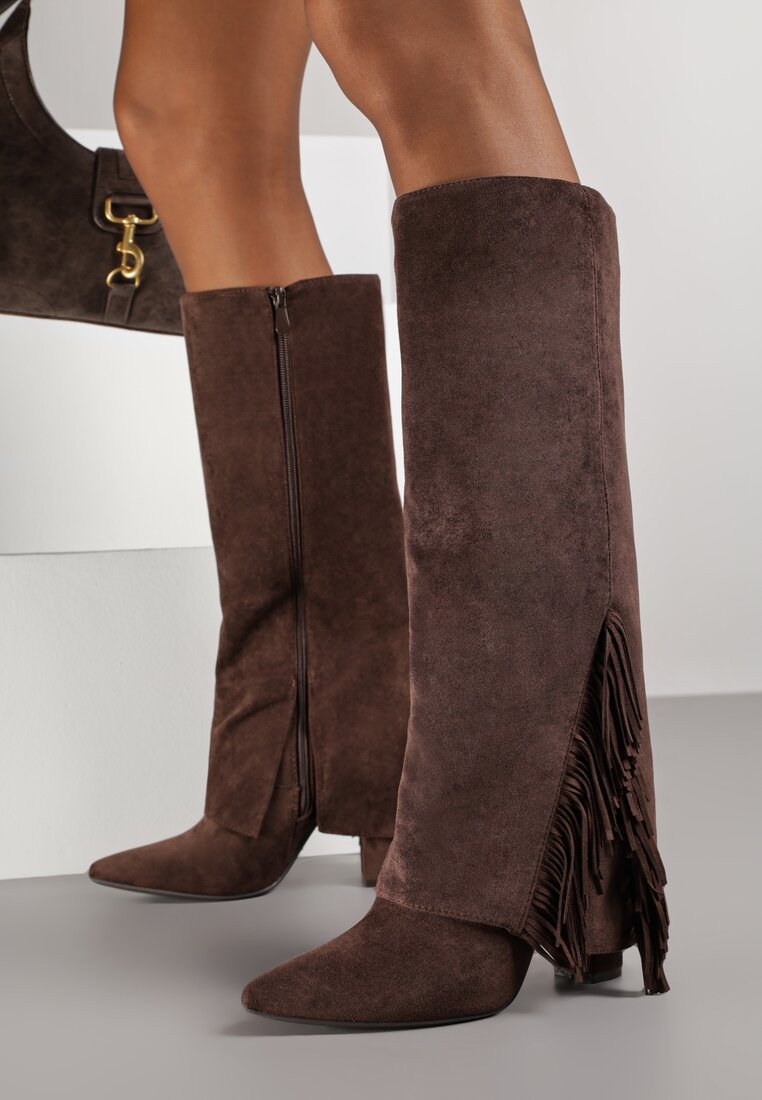 Cizme Maro pe toc gros cu carâmb răsfrânt cu franjuri Linadela