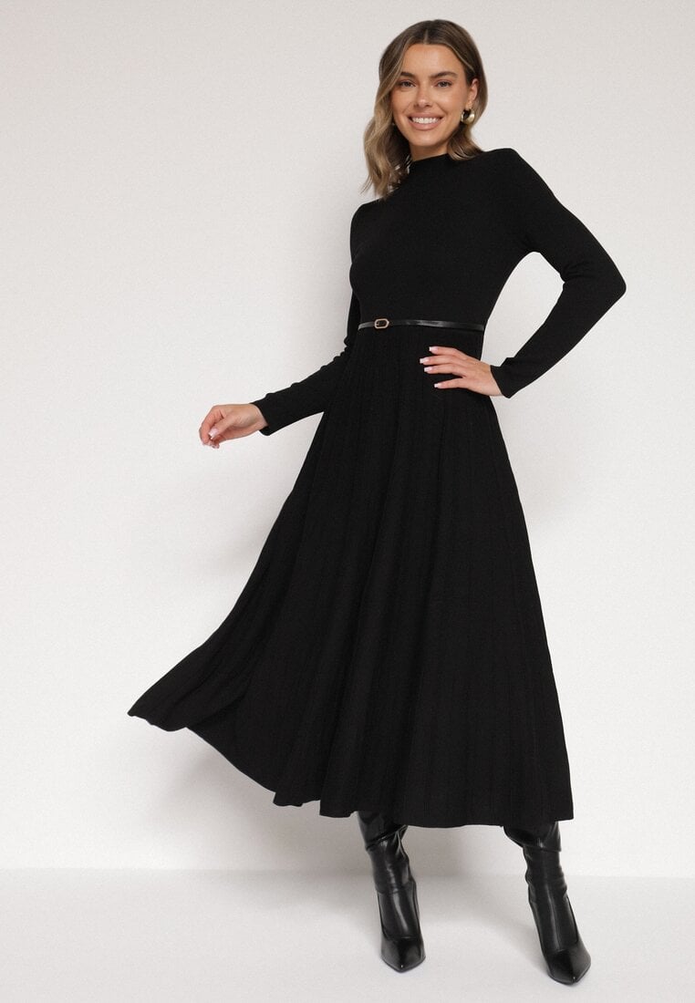 Rochie Cloche Neagră din Tricot cu Vâscoză cu Mânecă Lungă și Curea Tusmina