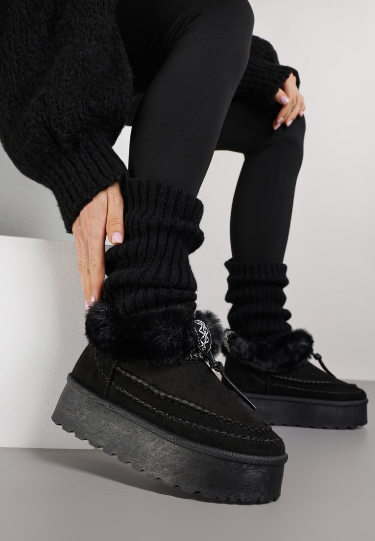 Ghete de zăpadă Negre cu talpă groasă, cusături decorative și blană Lindera