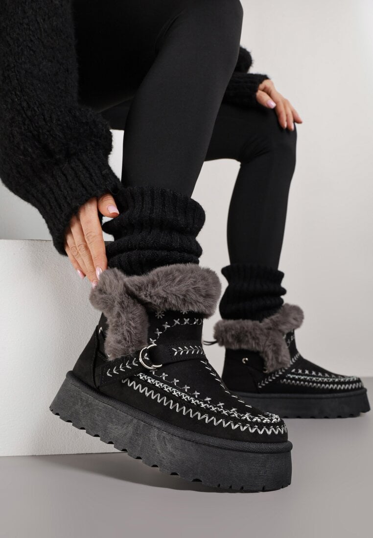 Ghete de zăpadă Negre cu Talpă Groasă Decorate cu Motiv Brodat și Blană Caretusa