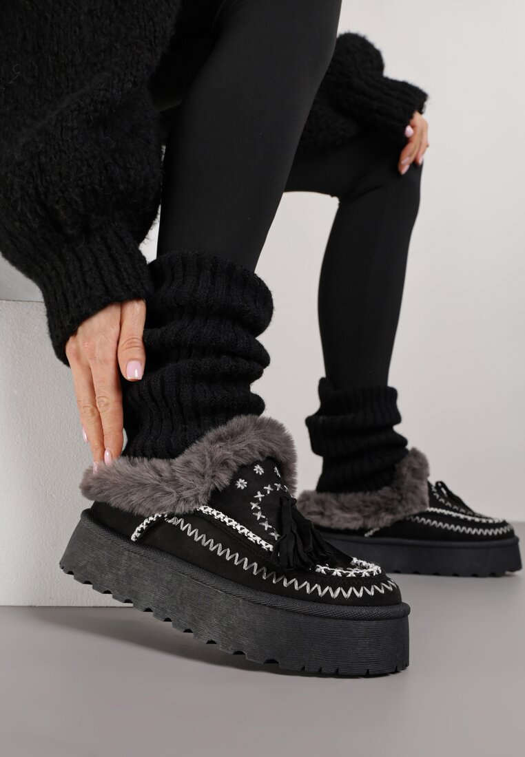 Cizme de zăpadă Negre pe Talpă Groasă cu Broderie și Blană Ezilune