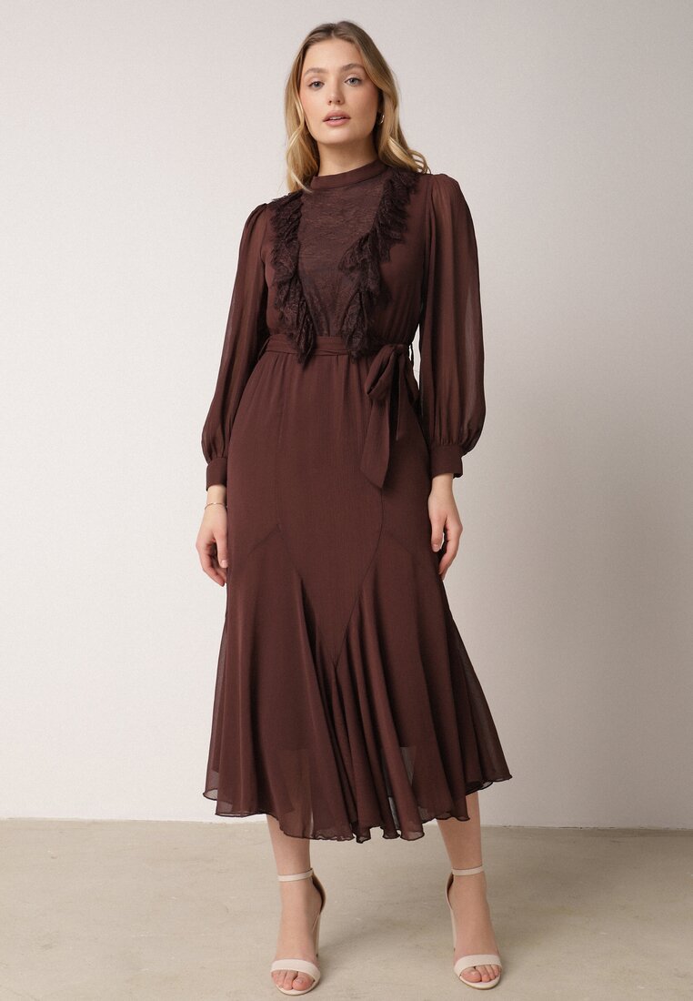 Rochie Maro Elegantă cu Mâneci bufante și Volane din dantelă Sewlina