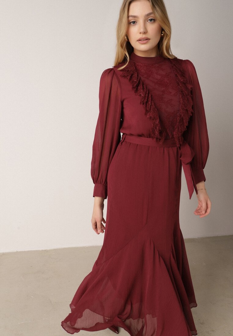 Rochie bordo Elegantă cu Mâneci Bufante și Volane din Dantelă Sewlina