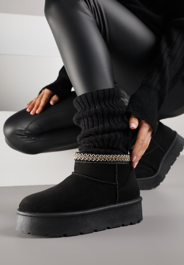 Cizme de zapadă Negre cu talpă groasă Decorate cu broderie Sewnella