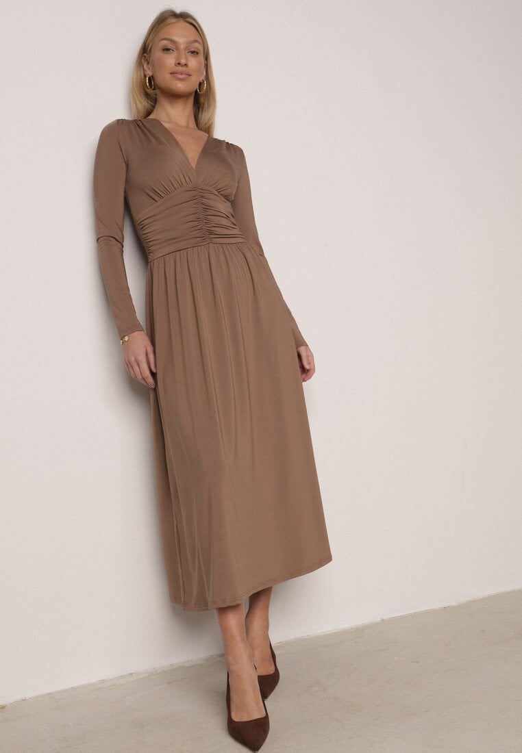 Rochie Maro Încrețită Cambrată cu Vâscoză cu Decolteu în V și Mânecă Lungă Emirie